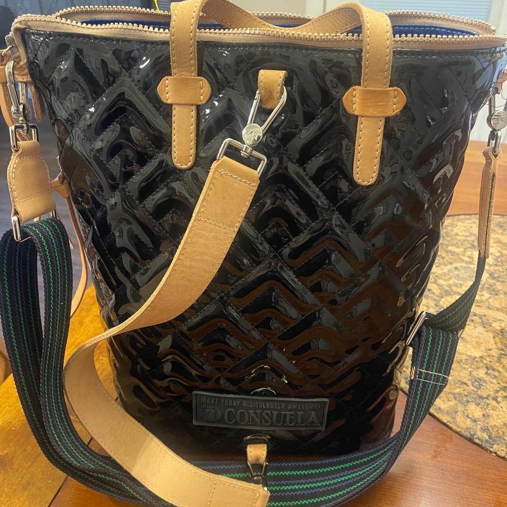 Consuela Black Patent Quilted Tote with Tan Trim - Picture 4 of 5